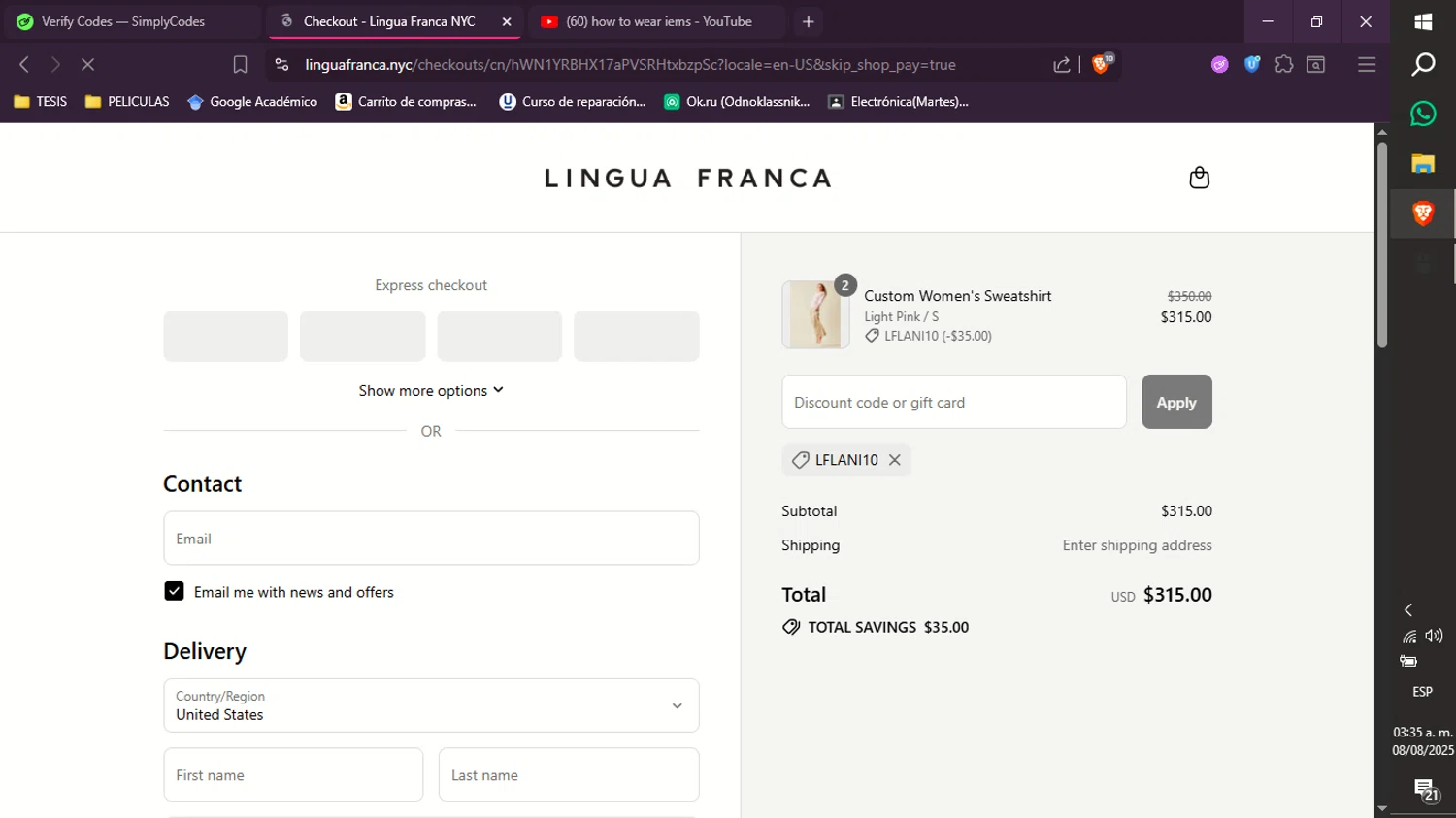 Lingua Franca promo code screenshot showing code LFLANI10 applied at Lingua Franca checkout page. Uploaded by SimplyCodes community member xXdevoragoticas69Xx on Aug 8, 2025
