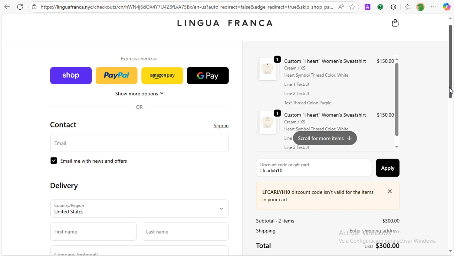 Lingua Franca promo code screenshot showing code Lfcarlyh10 applied at Lingua Franca checkout page. Uploaded by SimplyCodes community member PrincessCoupon on Oct 30, 2025