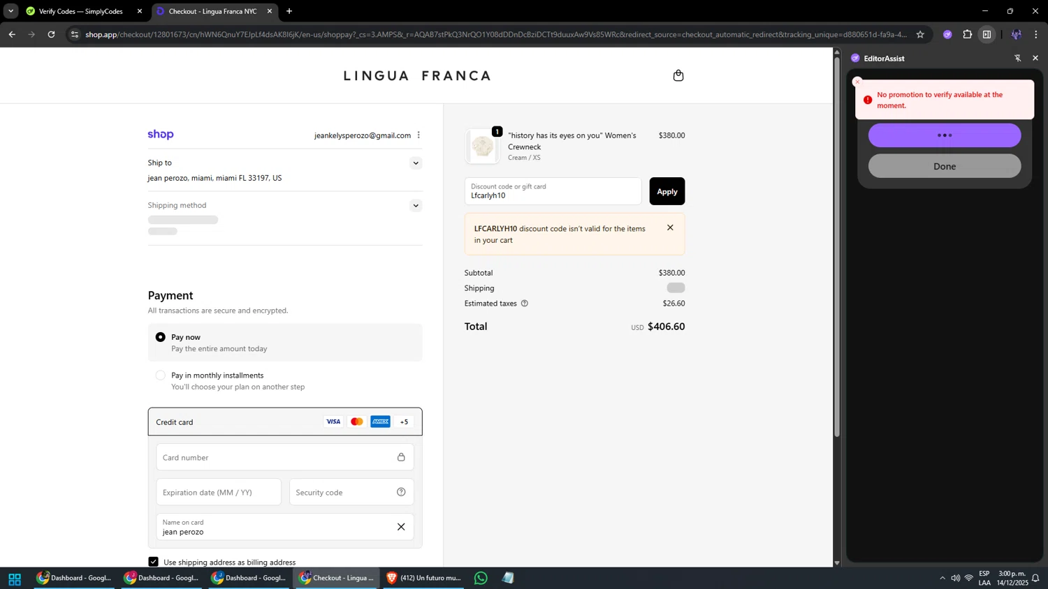 Lingua Franca promo code screenshot showing code Lfcarlyh10 applied at Lingua Franca checkout page. Uploaded by SimplyCodes community member jesuscondez on Dec 14, 2025