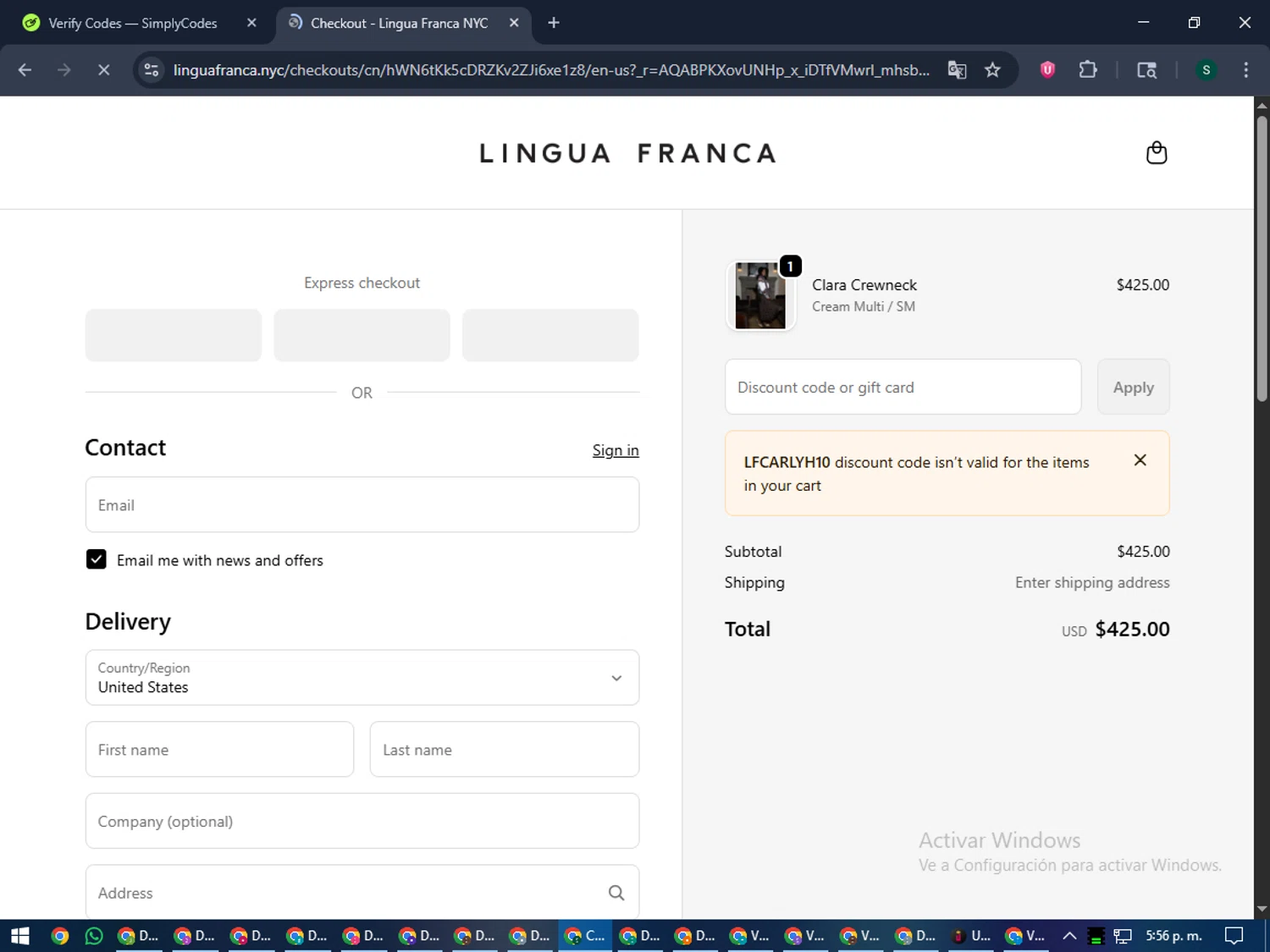 Lingua Franca promo code screenshot showing code Lfcarlyh10 applied at Lingua Franca checkout page. Uploaded by SimplyCodes community member lilMosey on Dec 26, 2025