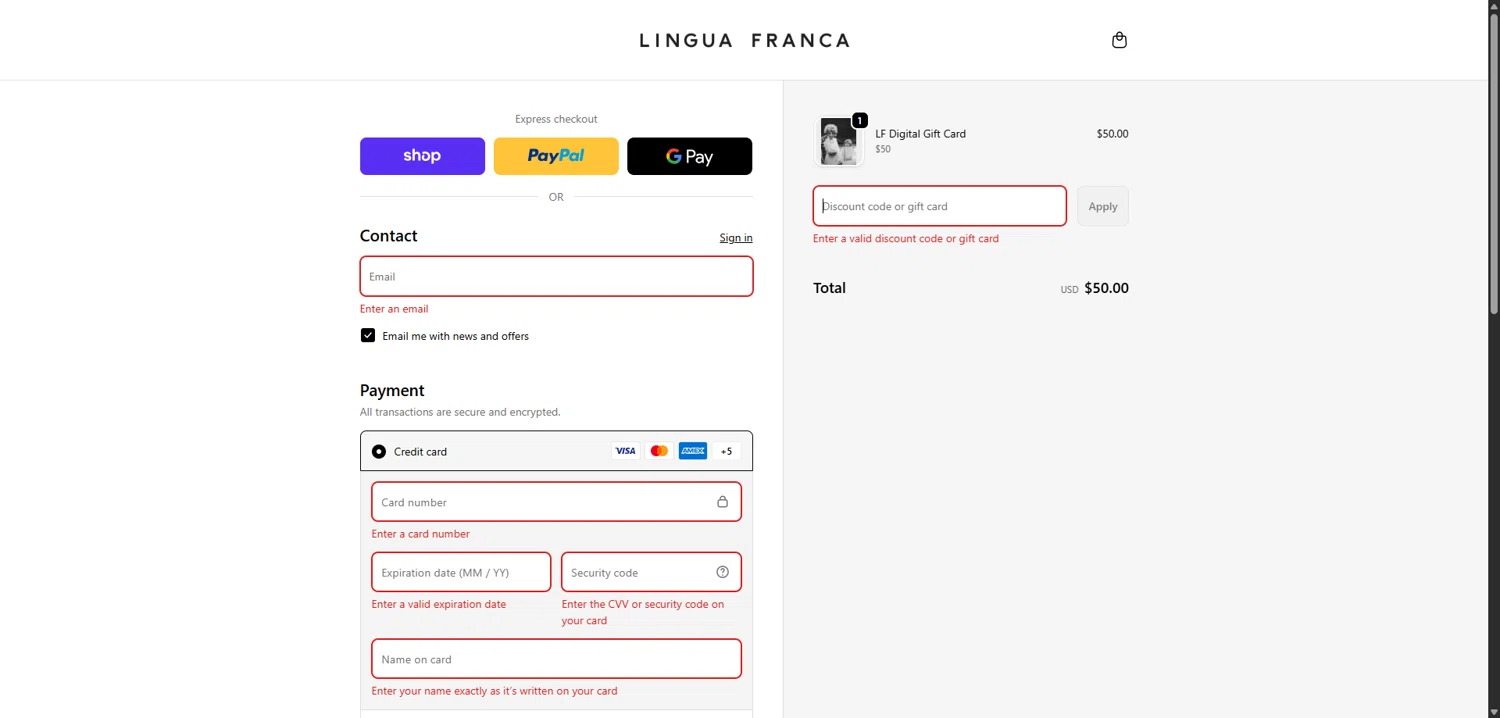 Lingua Franca promo code screenshot showing code THANKS25 applied at Lingua Franca checkout page. Uploaded by SimplyCodes community member QuestLynx5304 on Dec 3, 2025