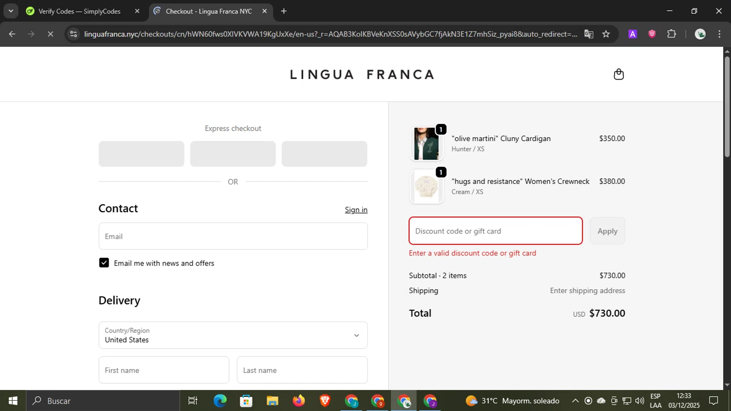 Lingua Franca promo code screenshot showing code THANKS25 applied at Lingua Franca checkout page. Uploaded by SimplyCodes community member underwater on Dec 3, 2025