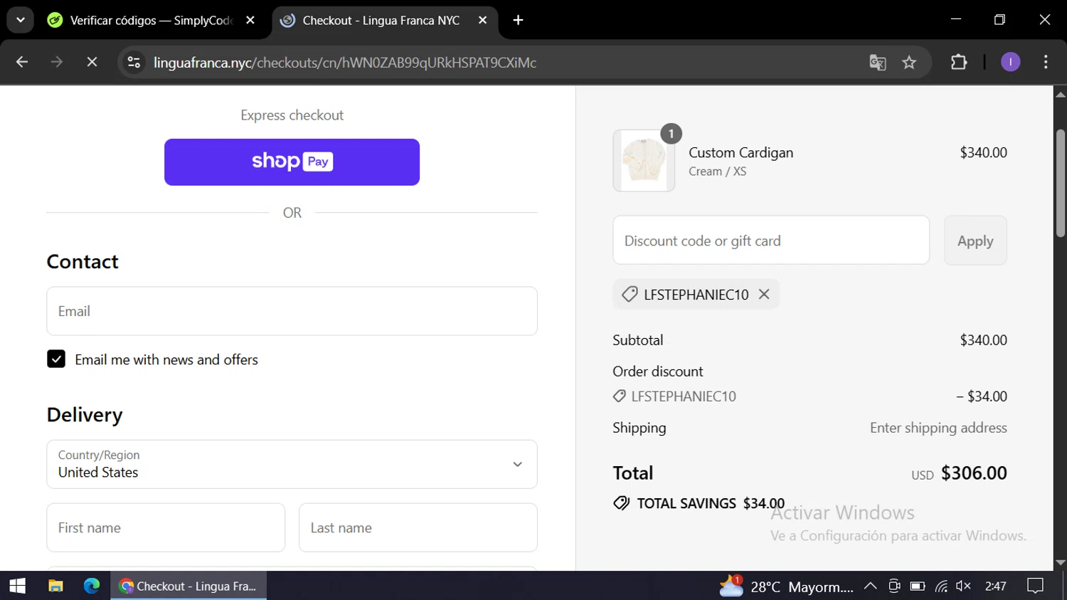 Lingua Franca promo code screenshot showing code LFSTEPHANIEC10 applied at Lingua Franca checkout page. Uploaded by SimplyCodes community member AGP44456545 on Jul 13, 2025