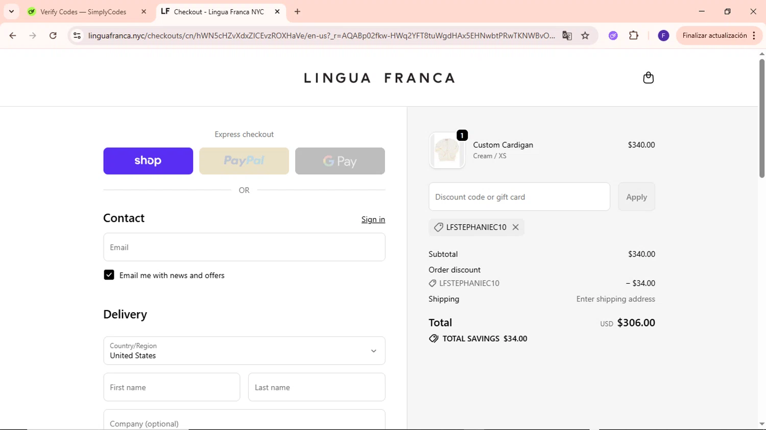 Lingua Franca promo code screenshot showing code LFSTEPHANIEC10 applied at Lingua Franca checkout page. Uploaded by SimplyCodes community member MightyCaptain635 on Nov 23, 2025