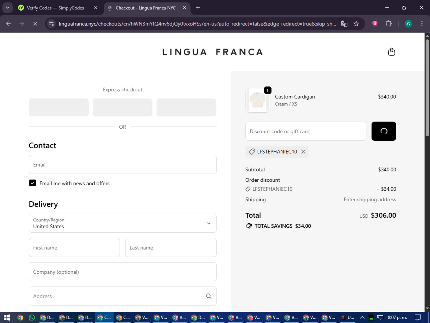 Lingua Franca promo code screenshot showing code LFSTEPHANIEC10 applied at Lingua Franca checkout page. Uploaded by SimplyCodes community member PennyFinder5759 on Oct 6, 2025