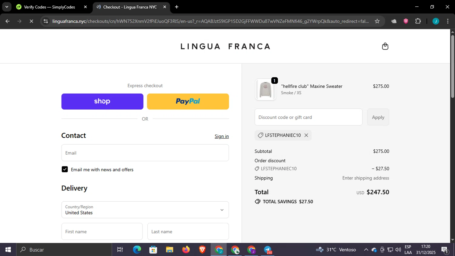 Lingua Franca checkout page showing Lingua Franca promo code box | Screenshot taken by SimplyCodes community member on Dec 31, 2025