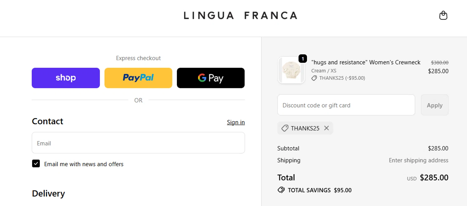 Lingua Franca promo code screenshot showing code THANKS25 applied at Lingua Franca checkout page. Uploaded by SimplyCodes community member jesspea on Nov 23, 2025