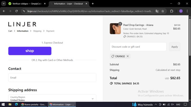 Linjer checkout page showing Linjer discount code box | Screenshot taken by SimplyCodes community member on Sep 4, 2025