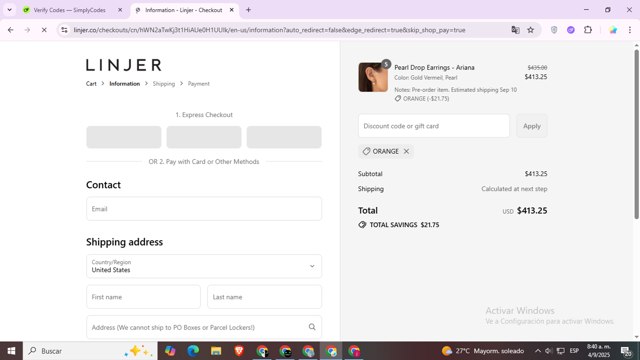 Linjer checkout page showing Linjer discount code box | Screenshot taken by SimplyCodes community member on Sep 4, 2025