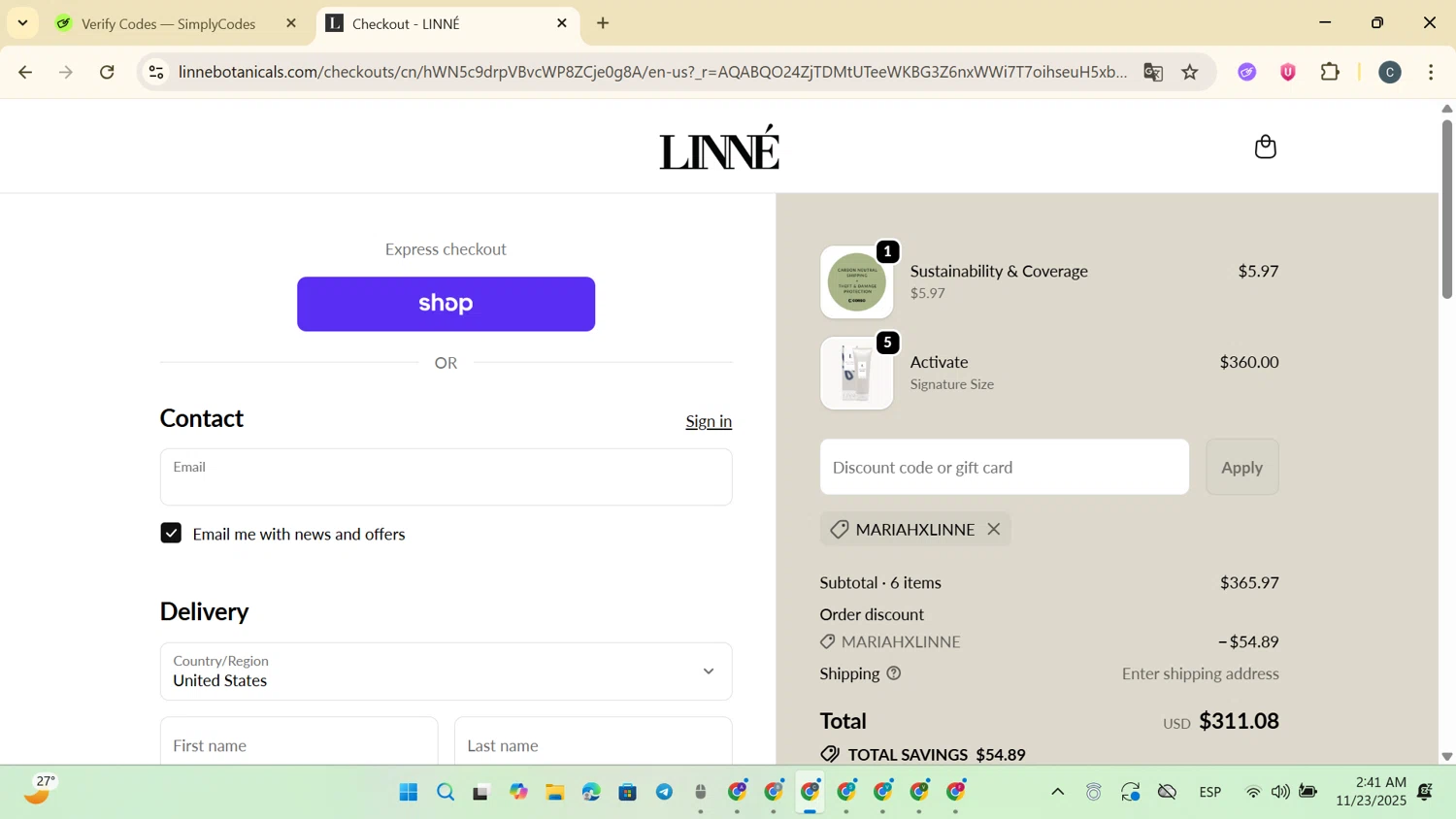 Linné Botanicals promo code screenshot showing code MARIAHXLINNE applied at Linné Botanicals checkout page. Uploaded by SimplyCodes community member SaleVirtuoso3791 on Nov 23, 2025