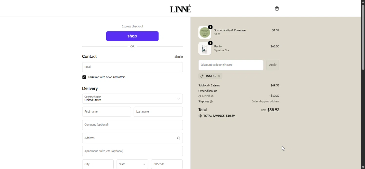 Linné Botanicals promo code screenshot showing code LINNE15 applied at Linné Botanicals checkout page. Uploaded by SimplyCodes community member LuckyPioneer1027 on Oct 17, 2025