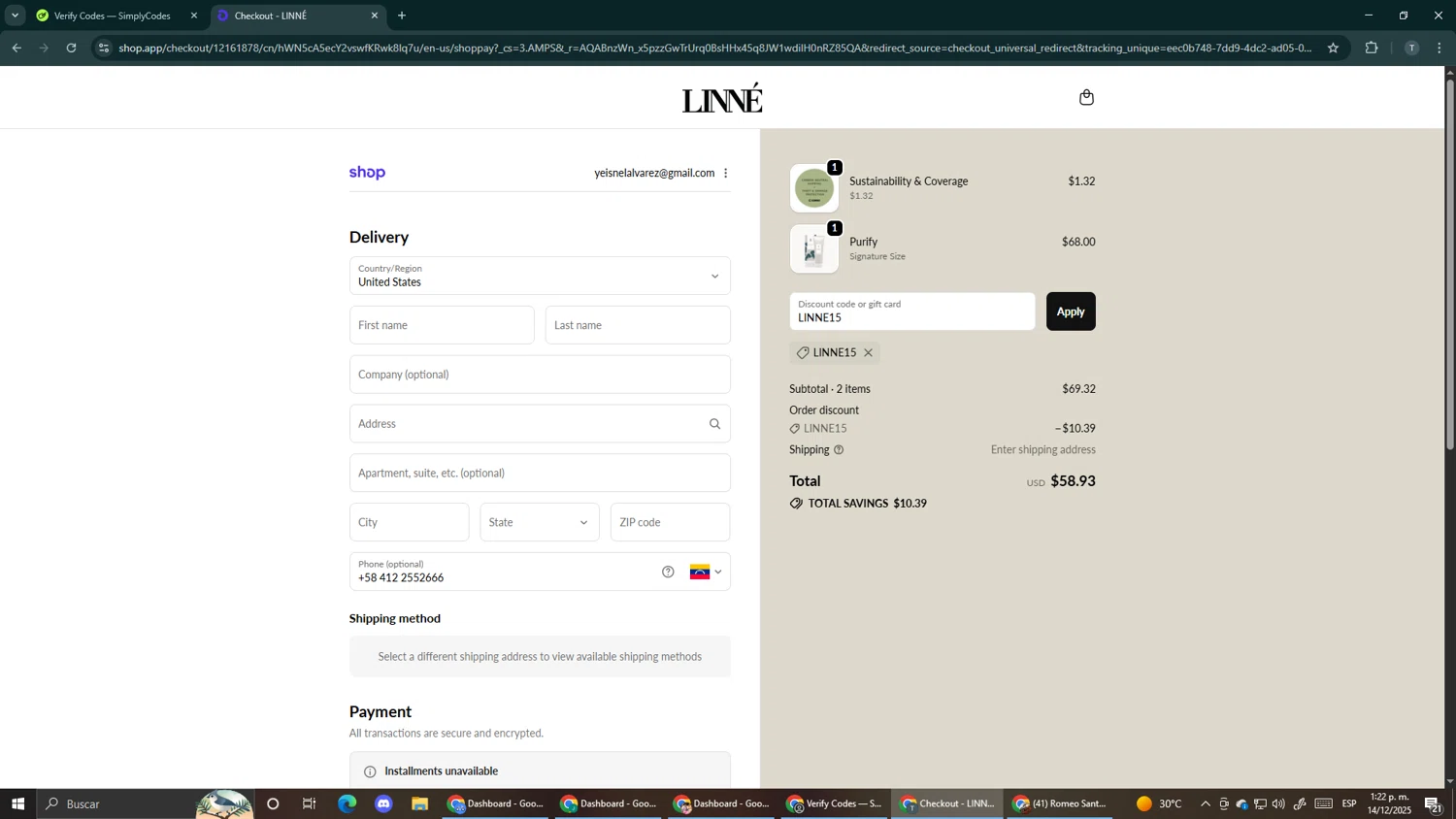 Linné Botanicals promo code screenshot showing code LINNE15 applied at Linné Botanicals checkout page. Uploaded by SimplyCodes community member Makemusic on Dec 14, 2025