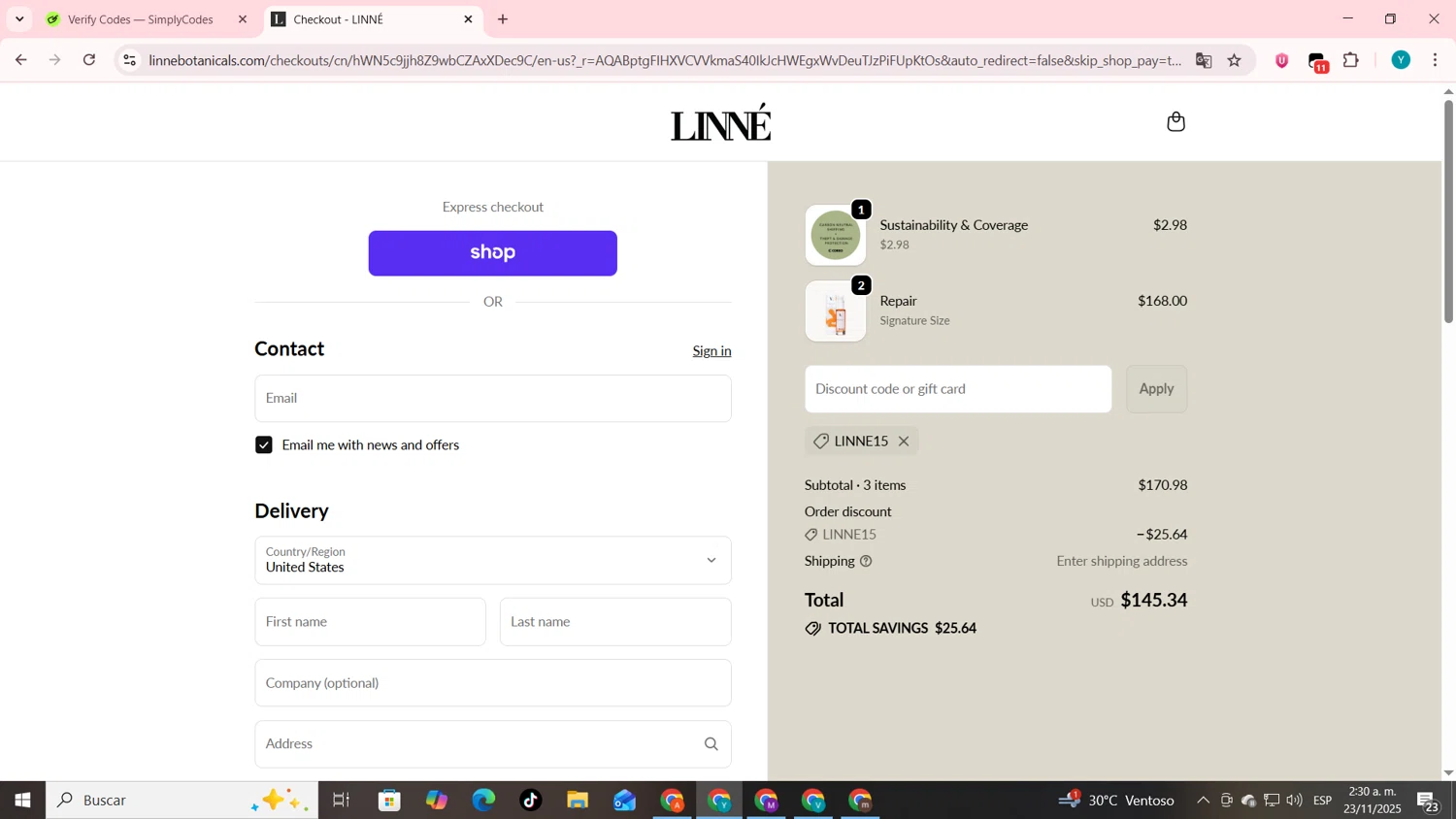 Linné Botanicals promo code screenshot showing code LINNE15 applied at Linné Botanicals checkout page. Uploaded by SimplyCodes community member codygakpo on Nov 23, 2025
