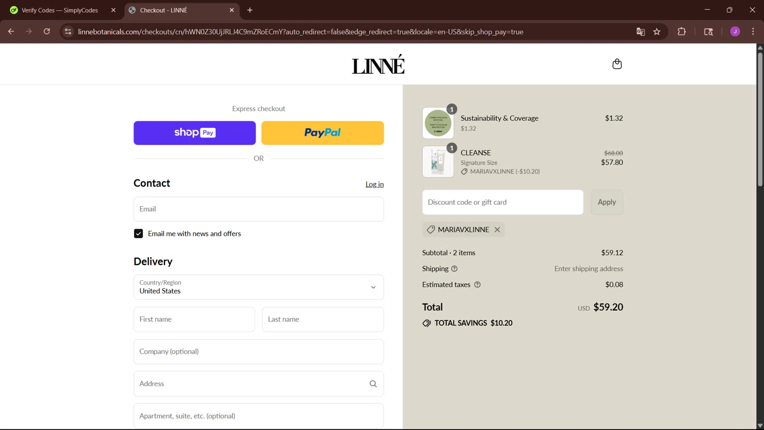 Linné Botanicals promo code screenshot showing code MARIAVXLINNE applied at Linné Botanicals checkout page. Uploaded by SimplyCodes community member NobleSaver3560 on Jul 13, 2025
