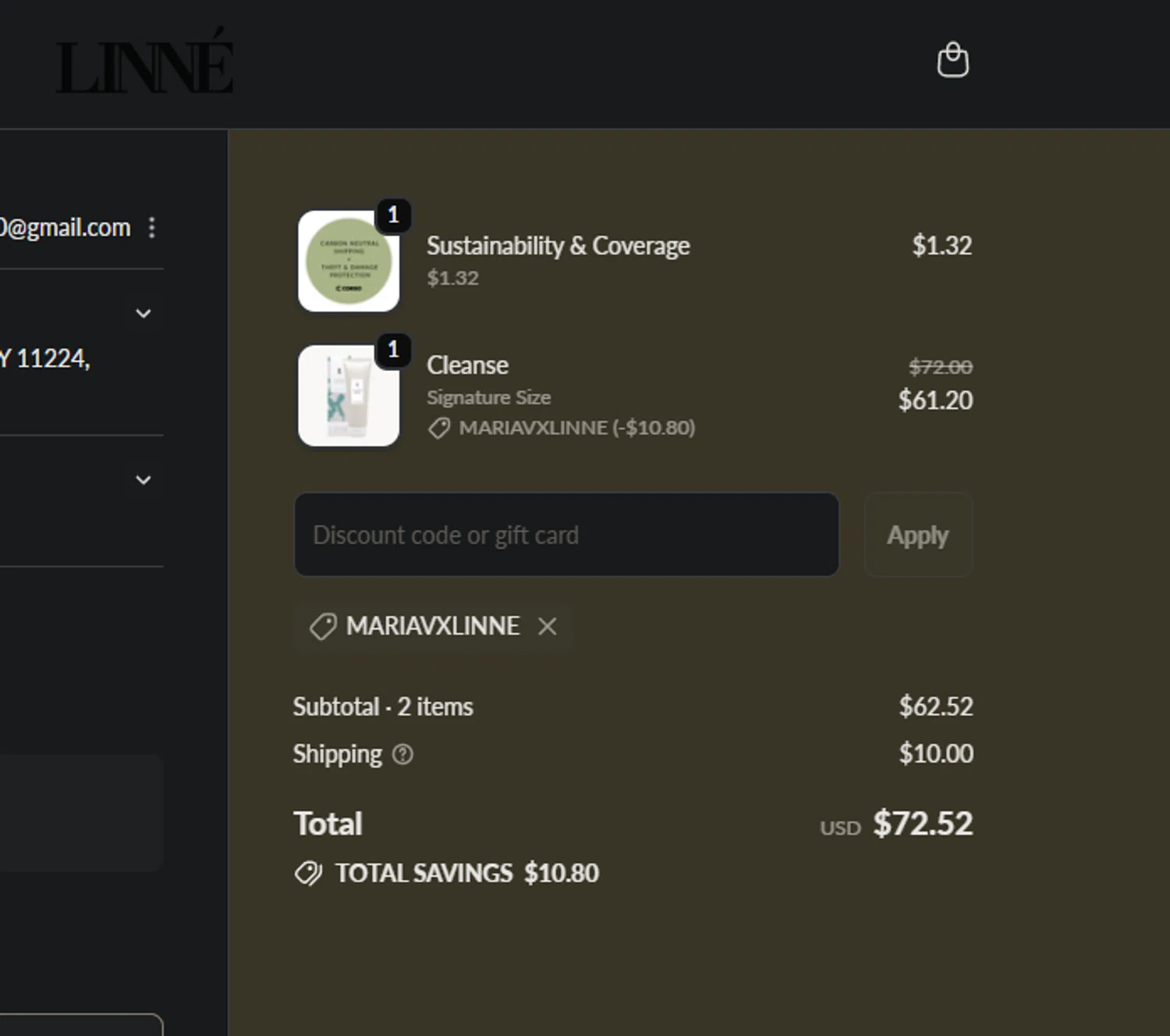 Linné Botanicals promo code screenshot showing code MARIAVXLINNE applied at Linné Botanicals checkout page. Uploaded by SimplyCodes community member edwardtoyo on Nov 23, 2025