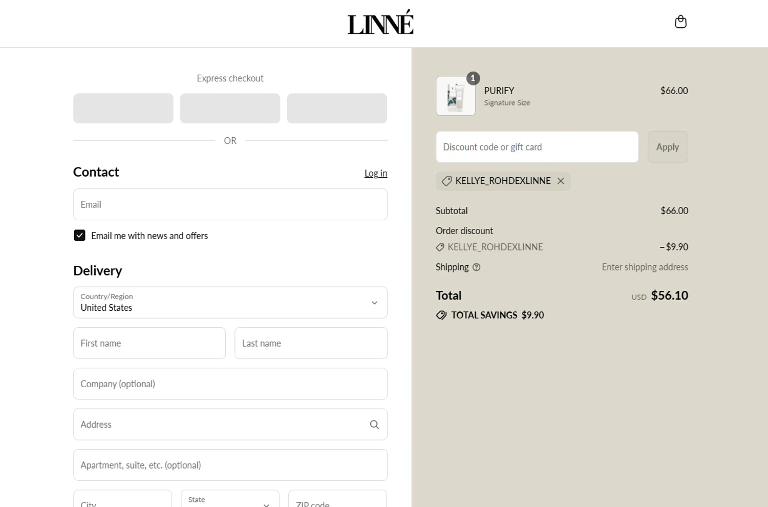 Linné Botanicals promo code screenshot showing code KELLYE_ROHDEXLINNE applied at Linné Botanicals checkout page. Uploaded by SimplyCodes community member alexbrown on Aug 4, 2025