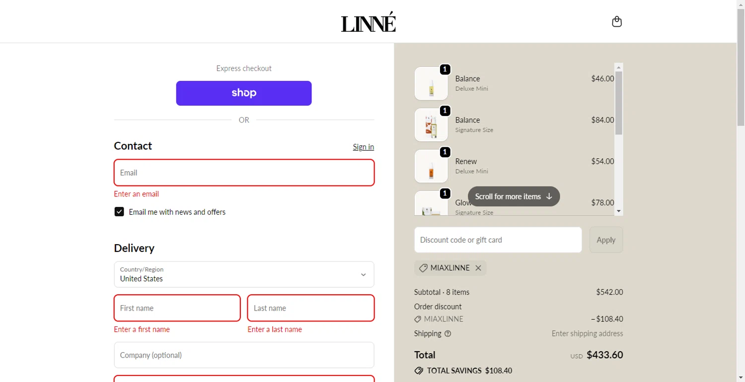 Linné Botanicals promo code screenshot showing code Miaxlinne applied at Linné Botanicals checkout page. Uploaded by SimplyCodes community member BonusFox1297 on Nov 13, 2025