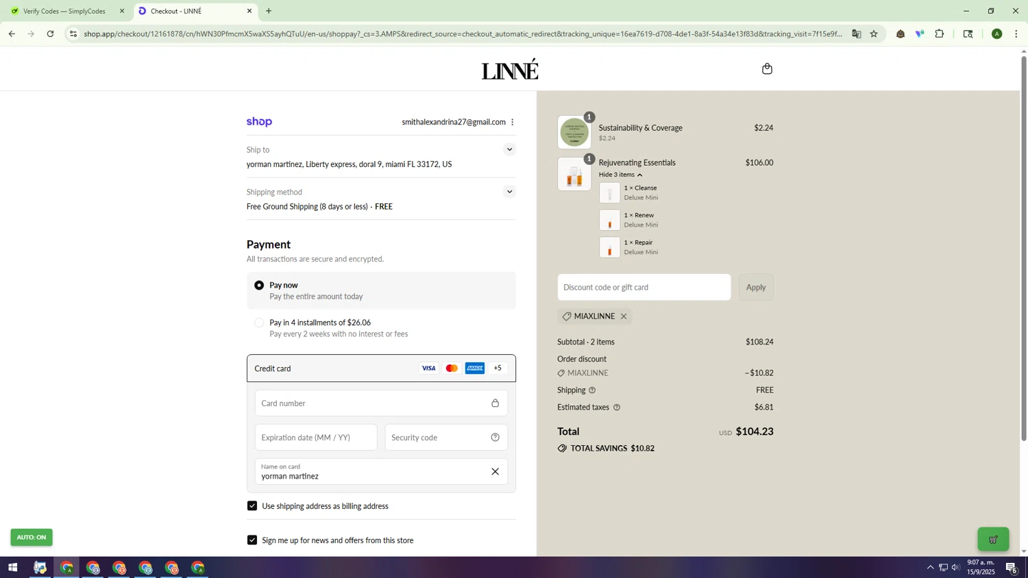Linné Botanicals promo code screenshot showing code Miaxlinne applied at Linné Botanicals checkout page. Uploaded by SimplyCodes community member INSECTOS on Sep 15, 2025