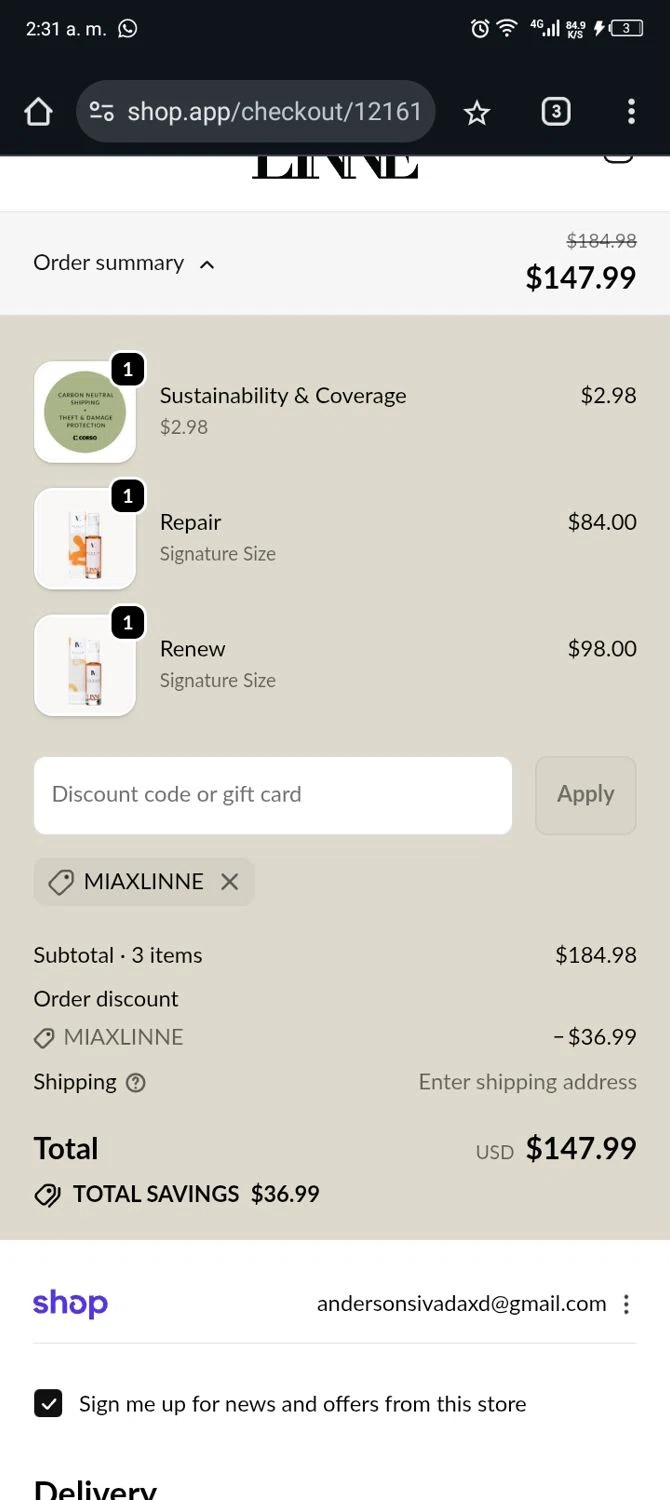 Linné Botanicals promo code screenshot showing code Miaxlinne applied at Linné Botanicals checkout page. Uploaded by SimplyCodes community member Xx_Cogeburras3000_xX on Nov 23, 2025