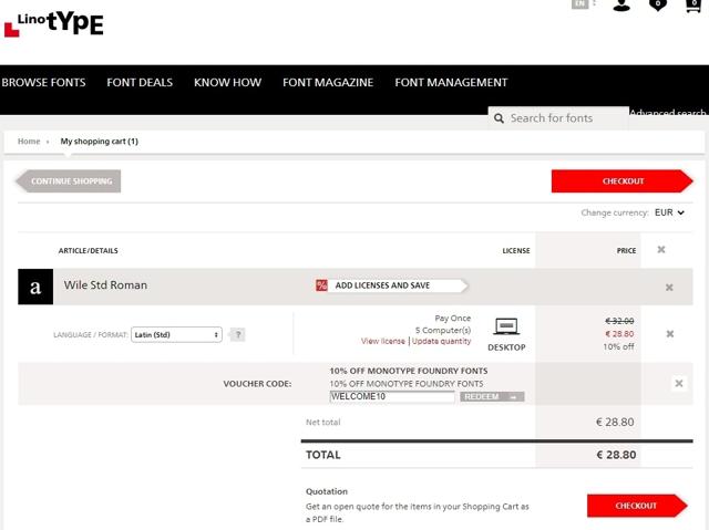 Linotype checkout page showing Linotype promo code box | Screenshot taken by SimplyCodes community member on Mar 9, 2022