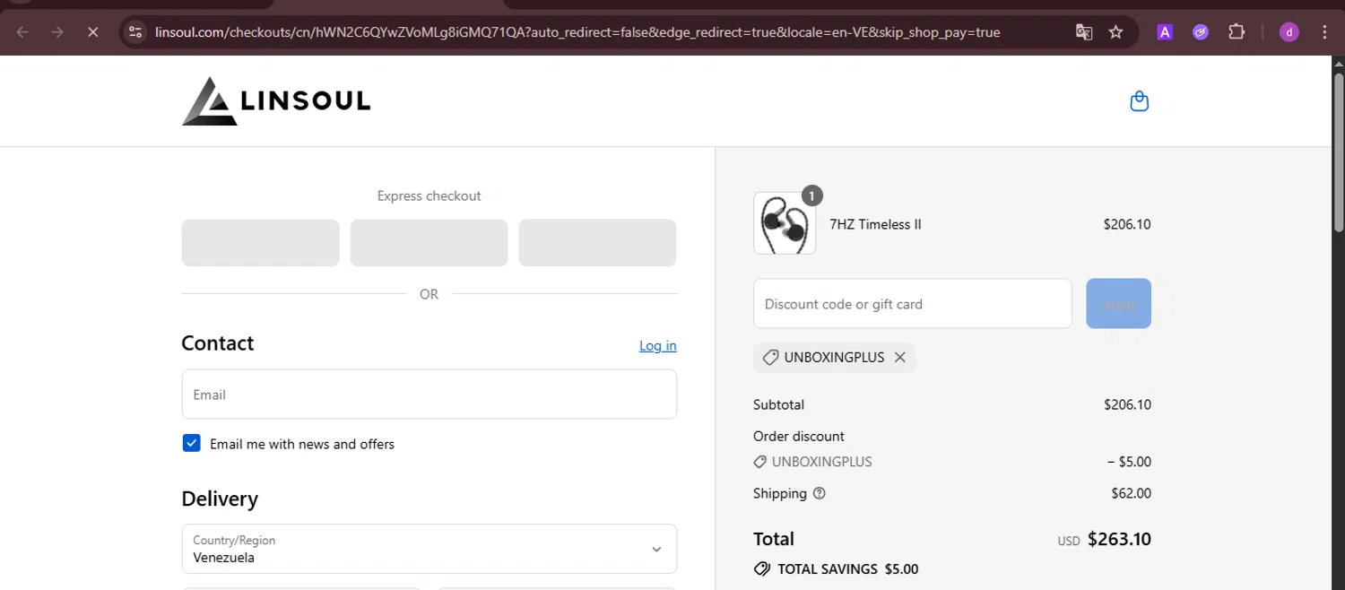 Linsoul Audio promo code screenshot showing code UNBOXINGPLUS applied at Linsoul Audio checkout page. Uploaded by SimplyCodes community member PennyTiger4891 on Aug 25, 2025