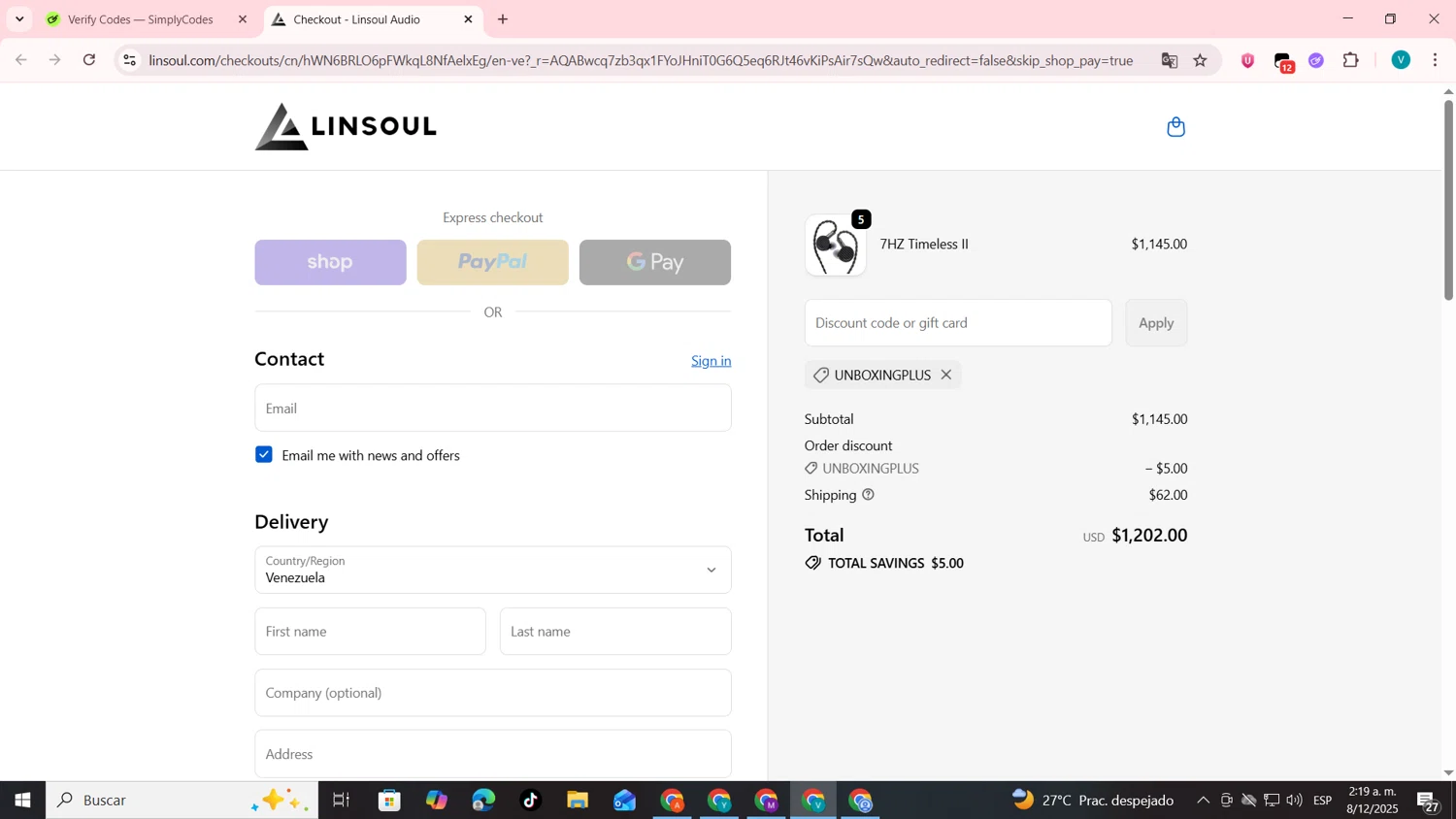 Linsoul Audio promo code screenshot showing code UNBOXINGPLUS applied at Linsoul Audio checkout page. Uploaded by SimplyCodes community member lyffytaro on Dec 8, 2025