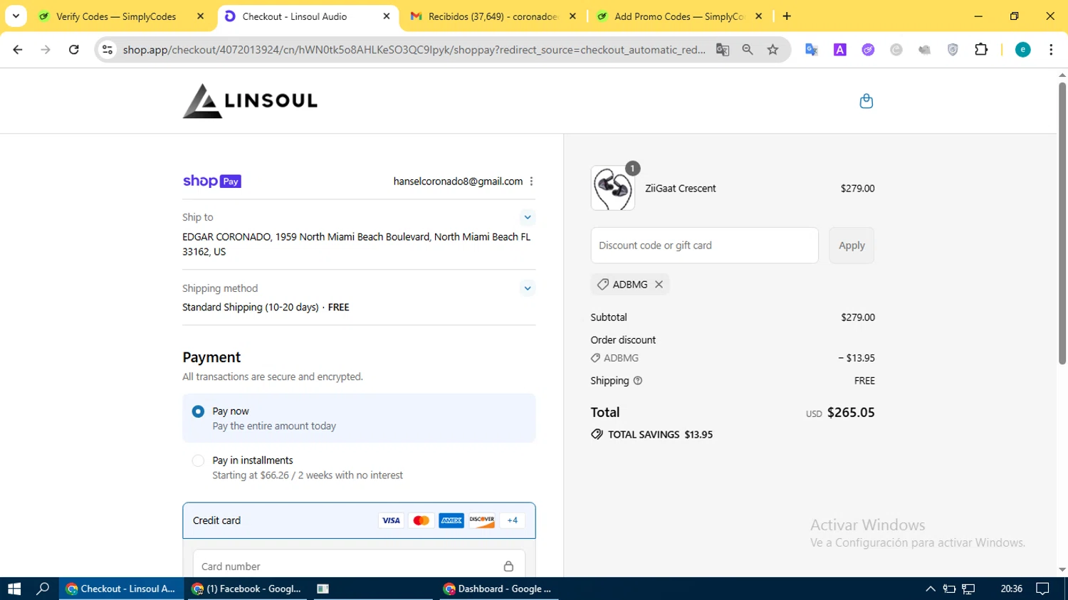 Linsoul Audio promo code screenshot showing code ADBMG applied at Linsoul Audio checkout page. Uploaded by SimplyCodes community member BonusVoyager4214 on Jul 22, 2025