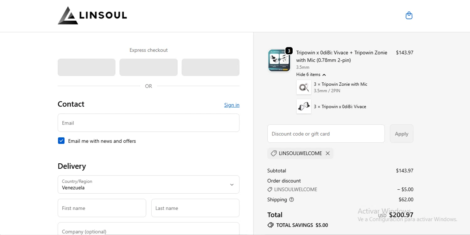Linsoul Audio promo code screenshot showing code LINSOULWELCOME applied at Linsoul Audio checkout page. Uploaded by SimplyCodes community member RewardLynx9164 on Nov 12, 2025
