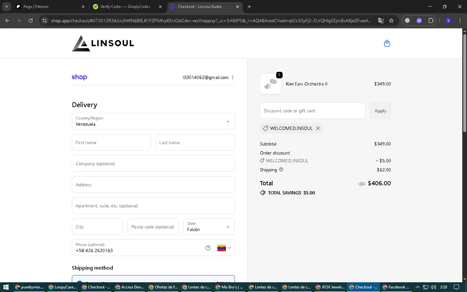 Linsoul Audio promo code screenshot showing code WELCOME2LINSOUL applied at Linsoul Audio checkout page. Uploaded by SimplyCodes community member Epa_yava on Dec 8, 2025