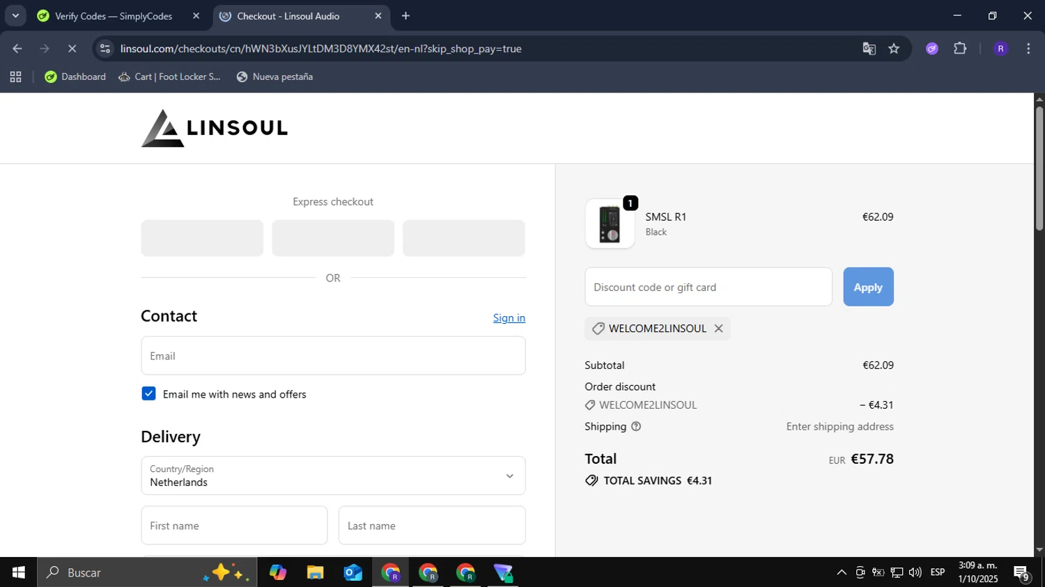 Linsoul Audio promo code screenshot showing code WELCOME2LINSOUL applied at Linsoul Audio checkout page. Uploaded by SimplyCodes community member Mykeusername on Oct 1, 2025