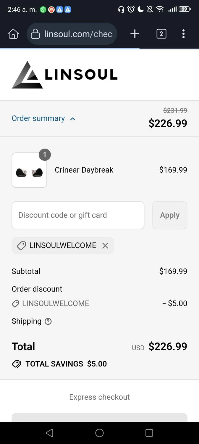 Linsoul Audio promo code screenshot showing code LINSOULWELCOME applied at Linsoul Audio checkout page. Uploaded by SimplyCodes community member Divino1 on Jul 26, 2025