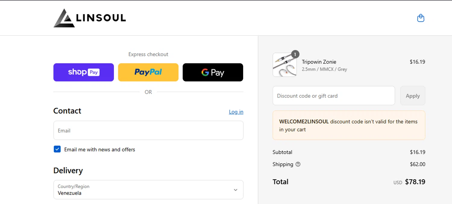 Linsoul Audio promo code screenshot showing code WELCOME2LINSOUL applied at Linsoul Audio checkout page. Uploaded by SimplyCodes community member ashe1986 on Aug 27, 2025