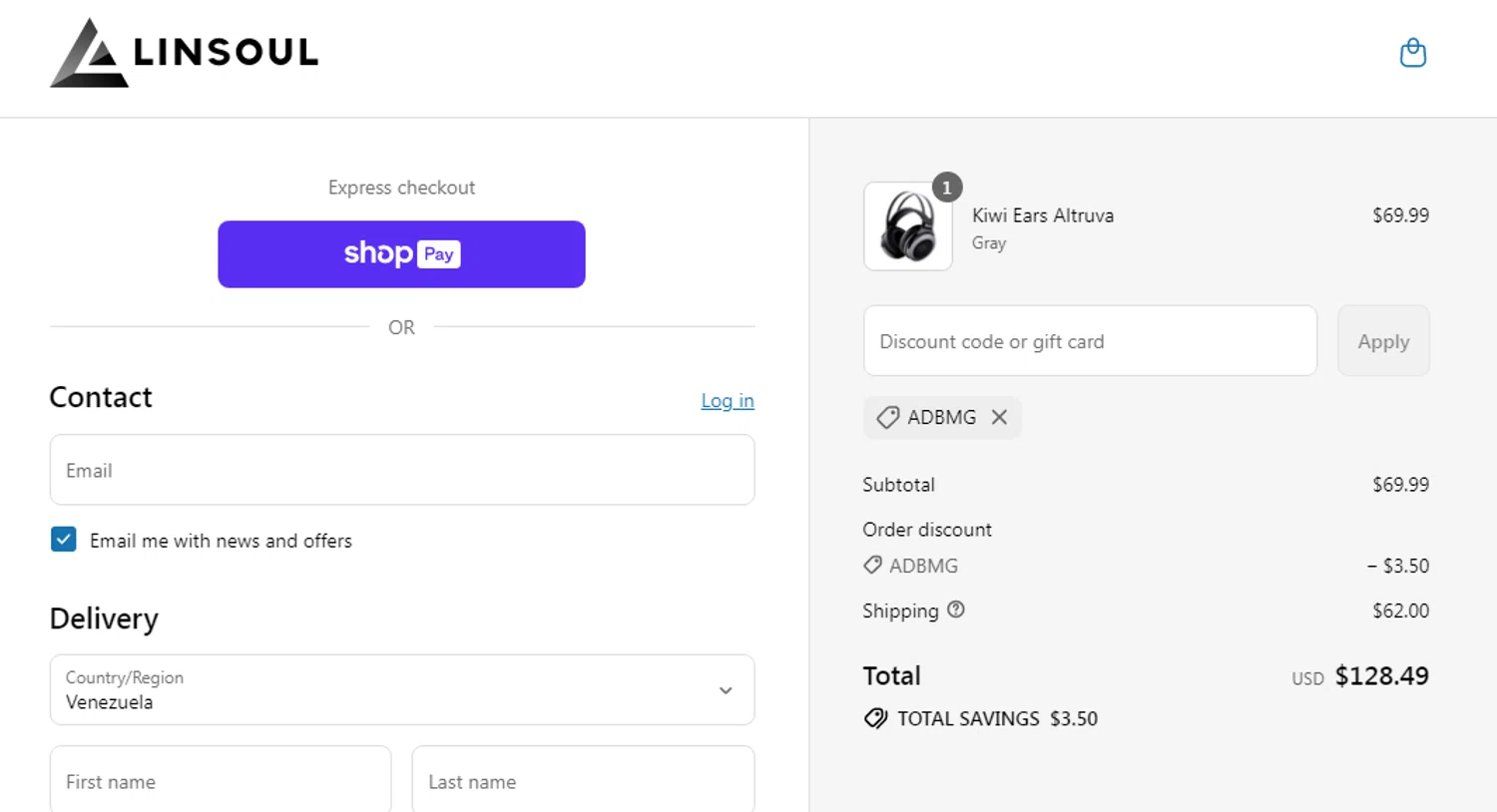 Linsoul Audio promo code screenshot showing code ADBMG applied at Linsoul Audio checkout page. Uploaded by SimplyCodes community member leidycamacaro on Jul 20, 2025
