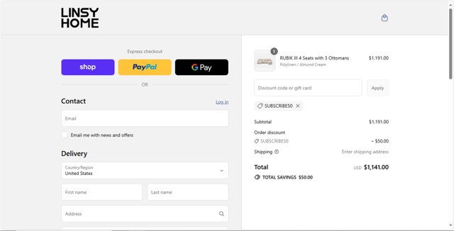 LINSY HOME checkout page showing LINSY HOME discount code box | Screenshot taken by SimplyCodes community member on Sep 3, 2025