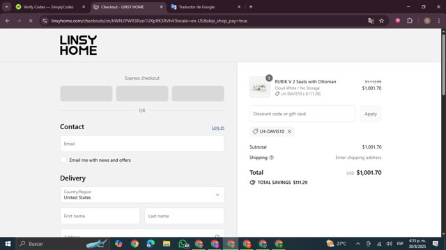 LINSY HOME checkout page showing LINSY HOME discount code box | Screenshot taken by SimplyCodes community member on Aug 30, 2025