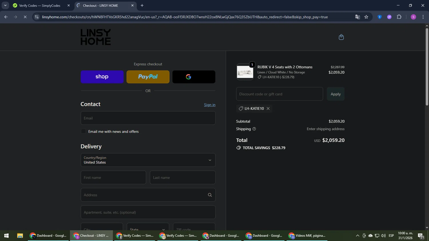 LINSY HOME promo code screenshot showing code LH-KATIE10 applied at LINSY HOME checkout page. Uploaded by SimplyCodes community member Son_Goku on Jan 31, 2026