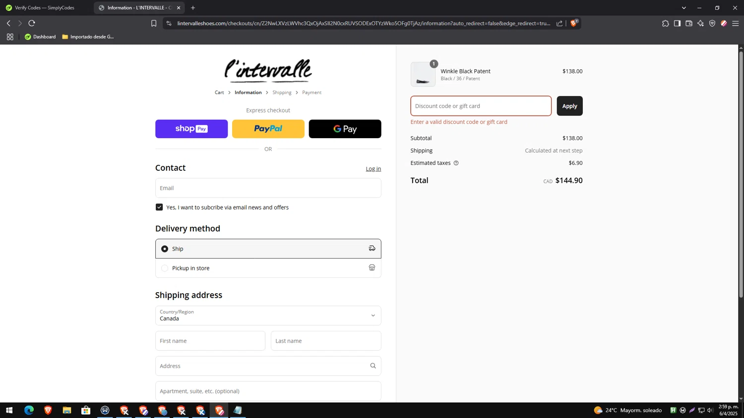L'Intervalle promo code screenshot showing code FLASHSALEBOOTS25 applied at L'Intervalle checkout page. Uploaded by SimplyCodes community member CleverTracker4432 on Apr 6, 2025