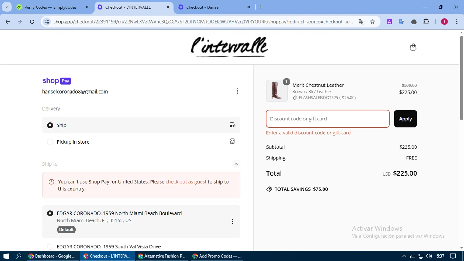 L'Intervalle promo code screenshot showing code FLASHSALEBOOTS25 applied at L'Intervalle checkout page. Uploaded by SimplyCodes community member fausguillermo on Apr 6, 2025