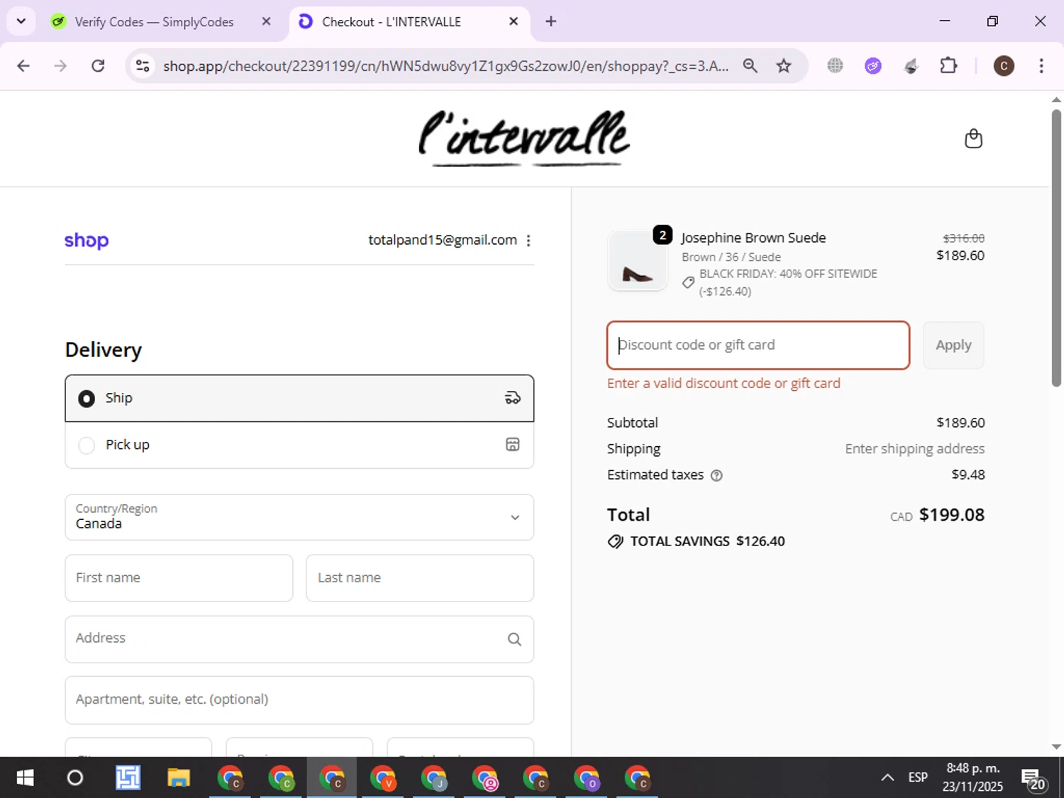 L'Intervalle promo code screenshot showing code bf40 applied at L'Intervalle checkout page. Uploaded by SimplyCodes community member ExtraordinaryPro8536 on Nov 24, 2025