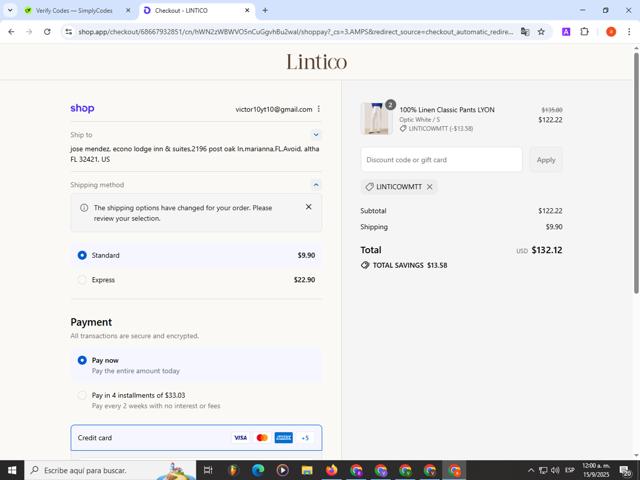 LINTICO checkout page showing LINTICO discount code box | Screenshot taken by SimplyCodes community member on Sep 15, 2025