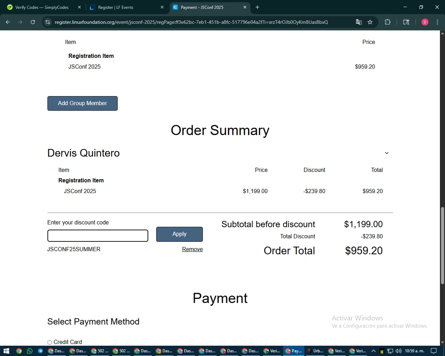 Linux Foundation promo code screenshot showing code JSCONF25SUMMER applied at Linux Foundation checkout page. Uploaded by SimplyCodes community member MoneySeeker7165 on Aug 29, 2025