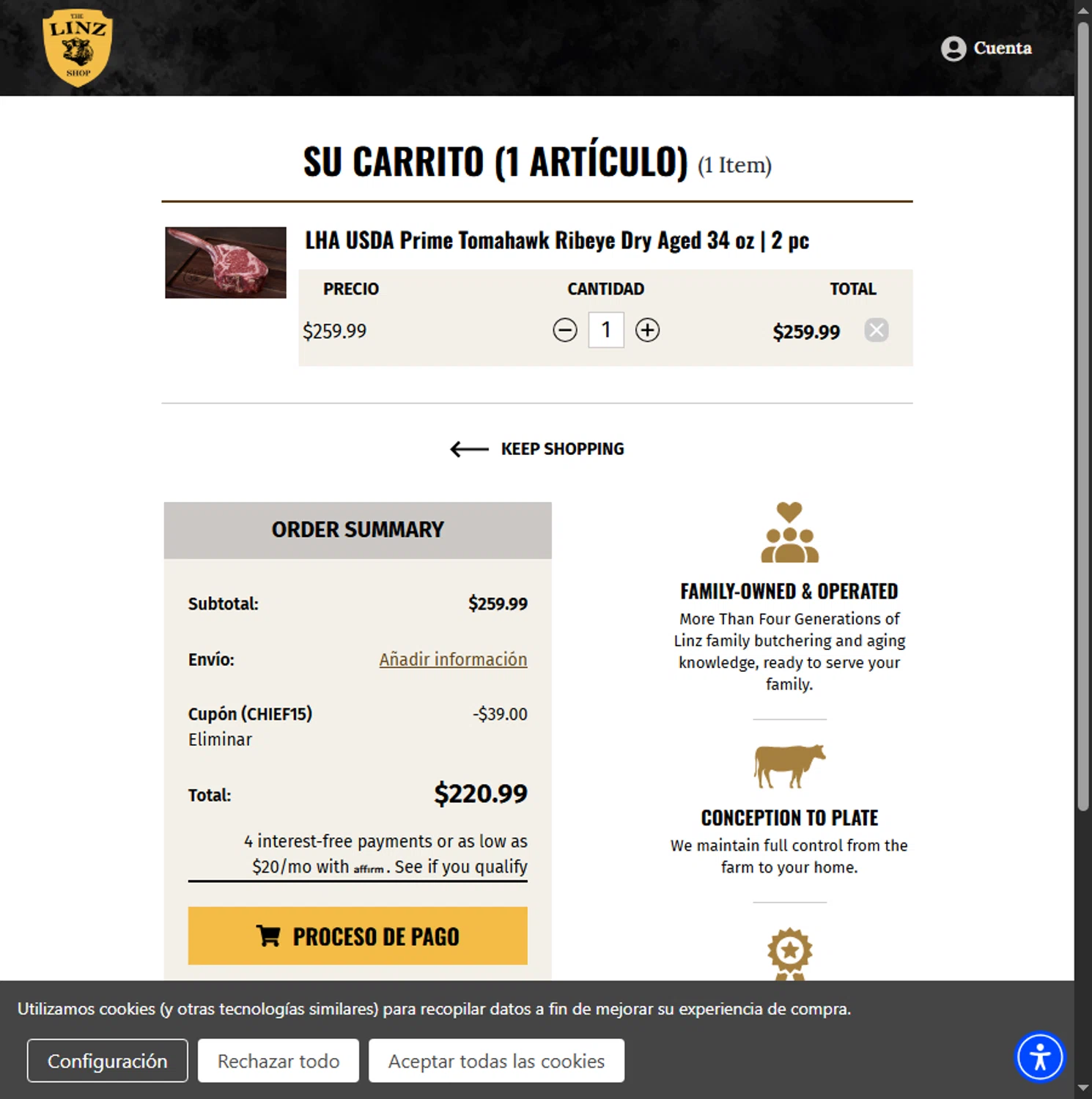 Linz Heritage Angus discount code screenshot showing code CHIEF15 applied at Linz Heritage Angus checkout page. Uploaded by SimplyCodes community member BeaMartinez on Sep 2, 2025