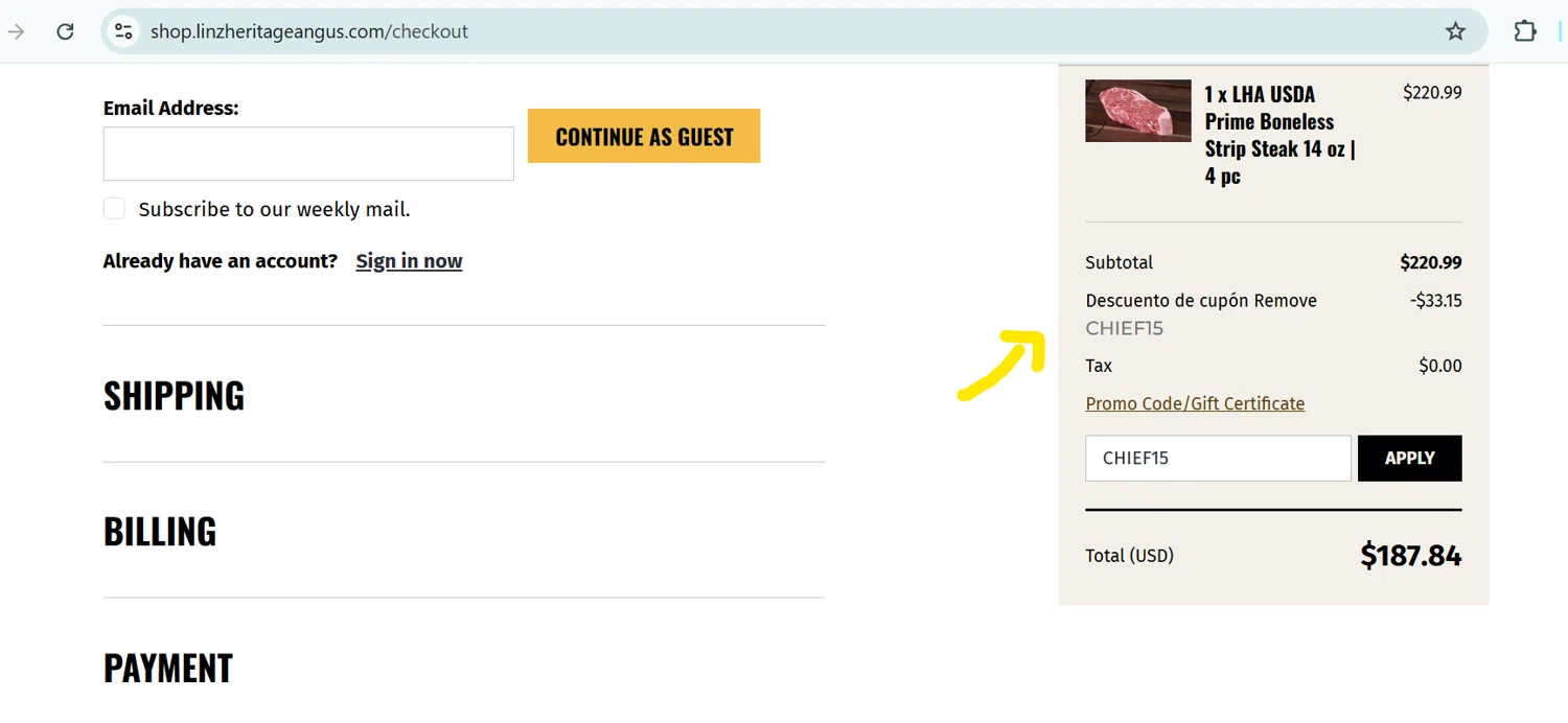 Linz Heritage Angus discount code screenshot showing code CHIEF15 applied at Linz Heritage Angus checkout page. Uploaded by SimplyCodes community member PennyLegend2134 on Jul 6, 2025