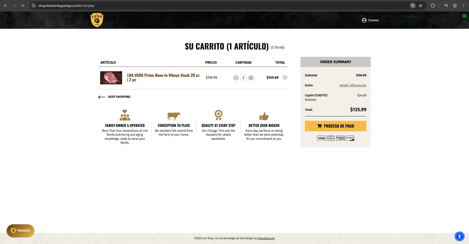 Linz Heritage Angus discount code screenshot showing code CHIEF15 applied at Linz Heritage Angus checkout page. Uploaded by SimplyCodes community member kaiserser on Oct 1, 2025