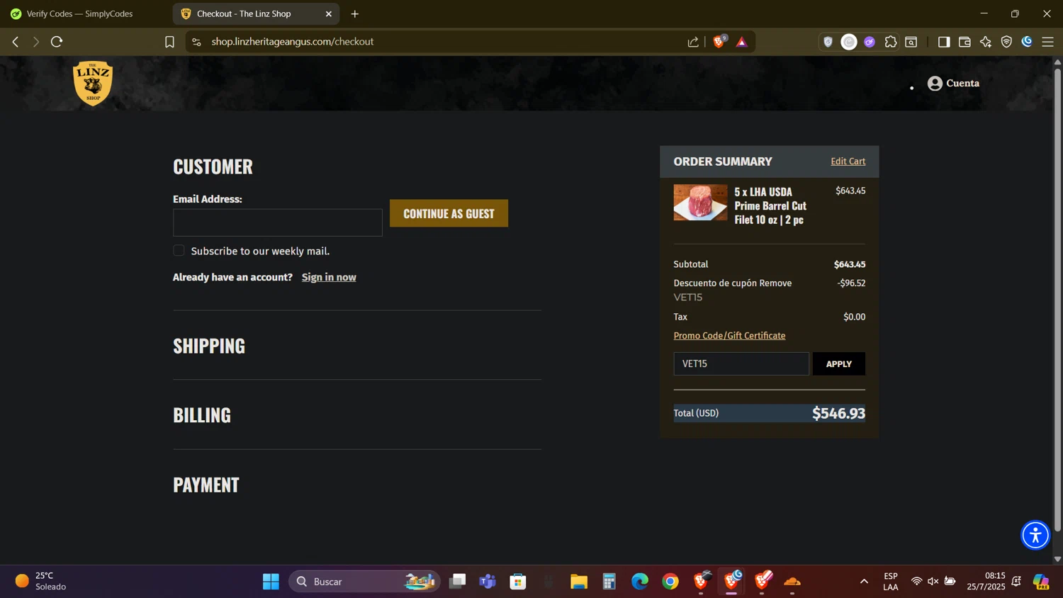 Linz Heritage Angus discount code screenshot showing code VET15 applied at Linz Heritage Angus checkout page. Uploaded by SimplyCodes community member DealAdmiral5466 on Jul 25, 2025
