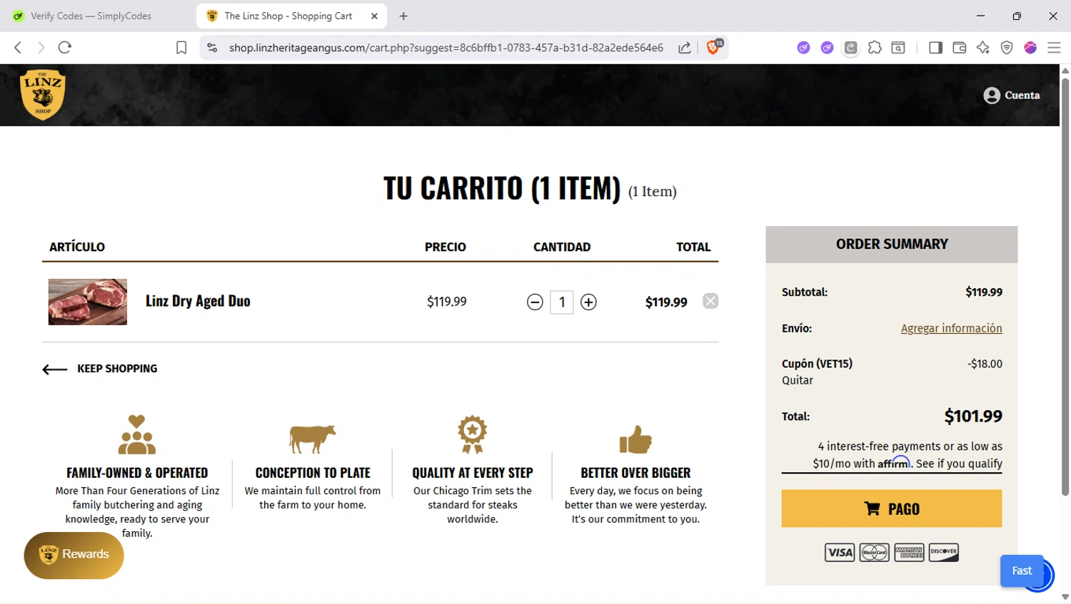 Linz Heritage Angus discount code screenshot showing code VET15 applied at Linz Heritage Angus checkout page. Uploaded by SimplyCodes community member SapeGato on Sep 21, 2025
