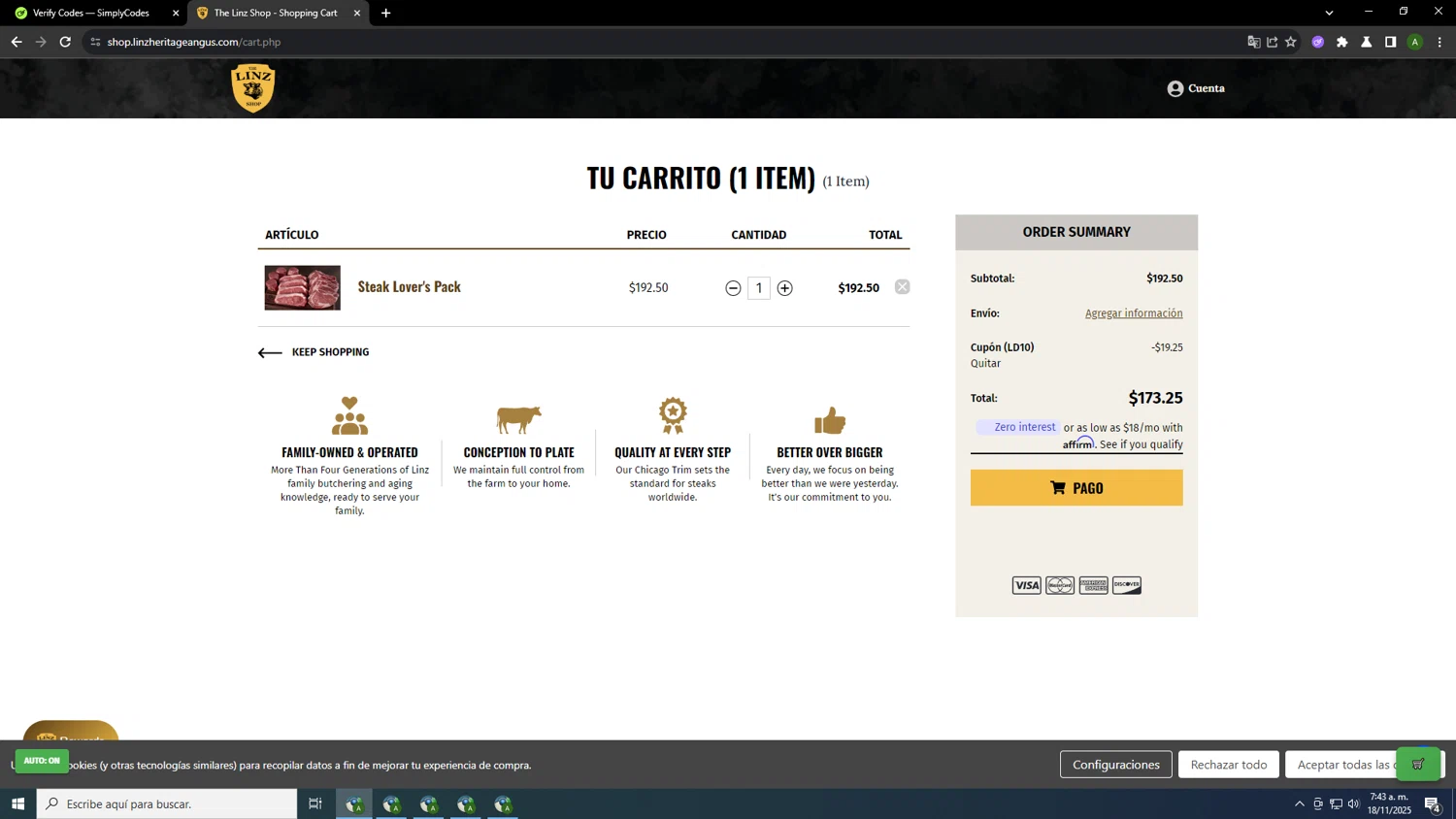Linz Heritage Angus checkout page showing Linz Heritage Angus discount code box | Screenshot taken by SimplyCodes community member on Nov 18, 2025