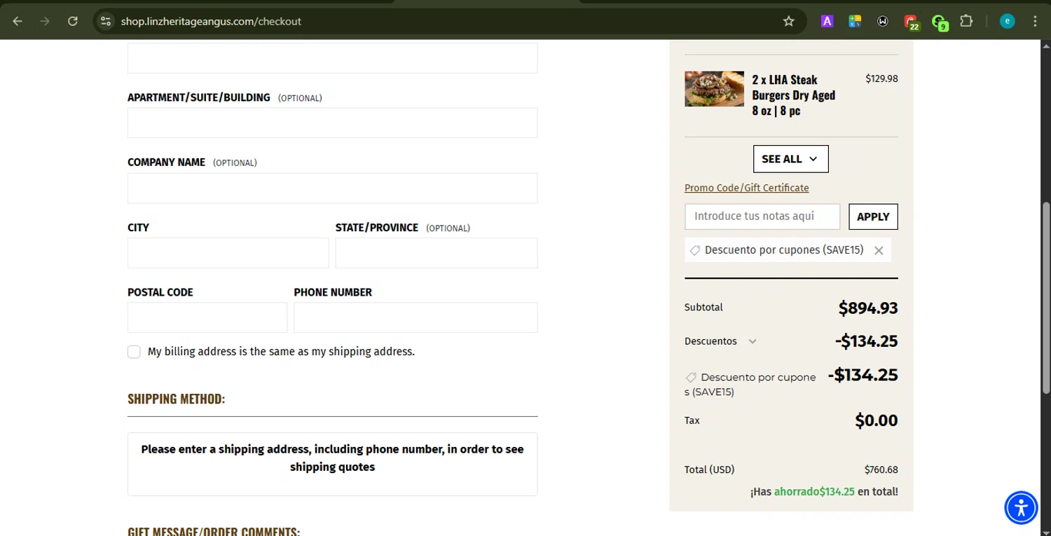 Linz Heritage Angus discount code screenshot showing code SAVE15 applied at Linz Heritage Angus checkout page. Uploaded by SimplyCodes community member PrincessCoupon on Jan 7, 2026