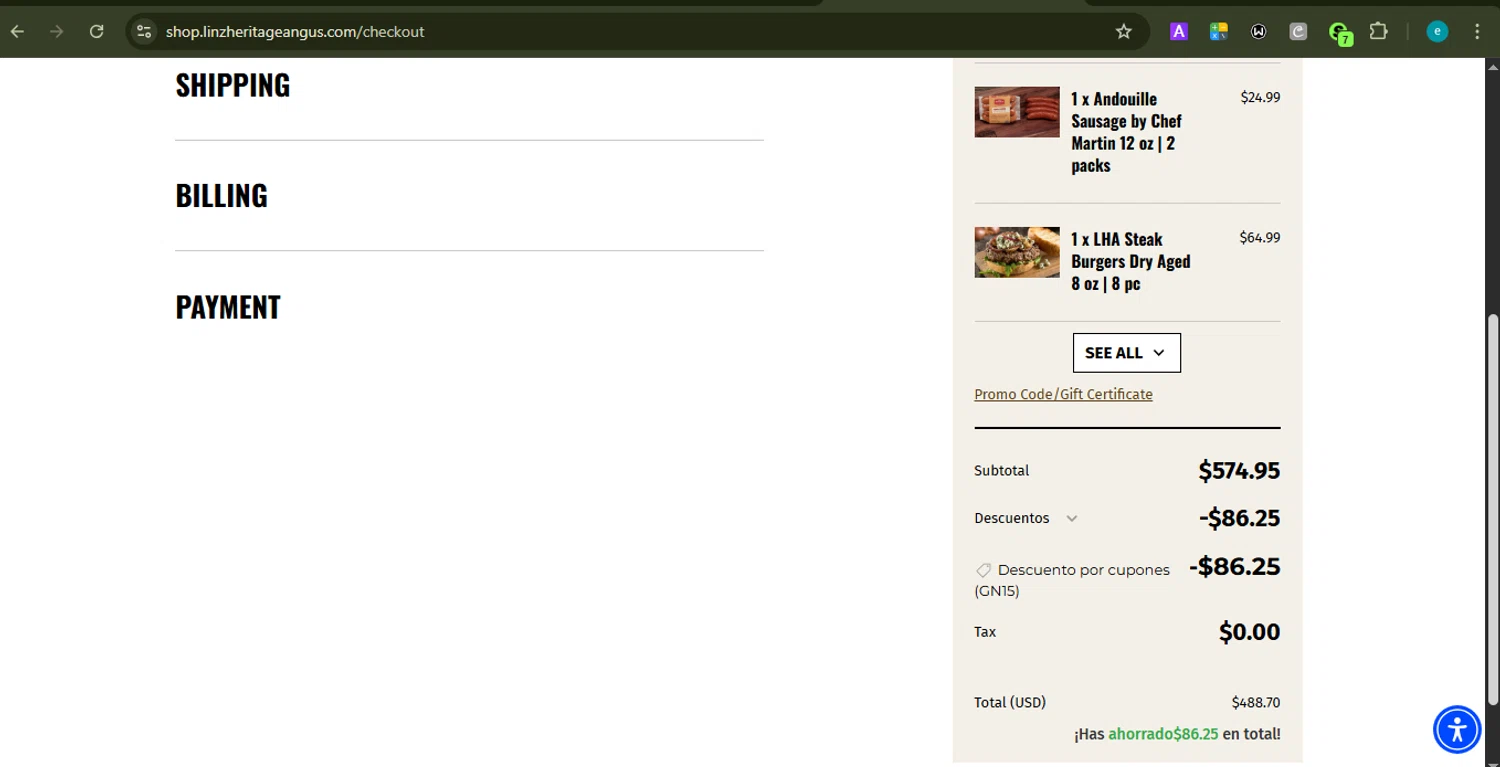 Linz Heritage Angus discount code screenshot showing code GN15 applied at Linz Heritage Angus checkout page. Uploaded by SimplyCodes community member PrincessCoupon on Jan 6, 2026