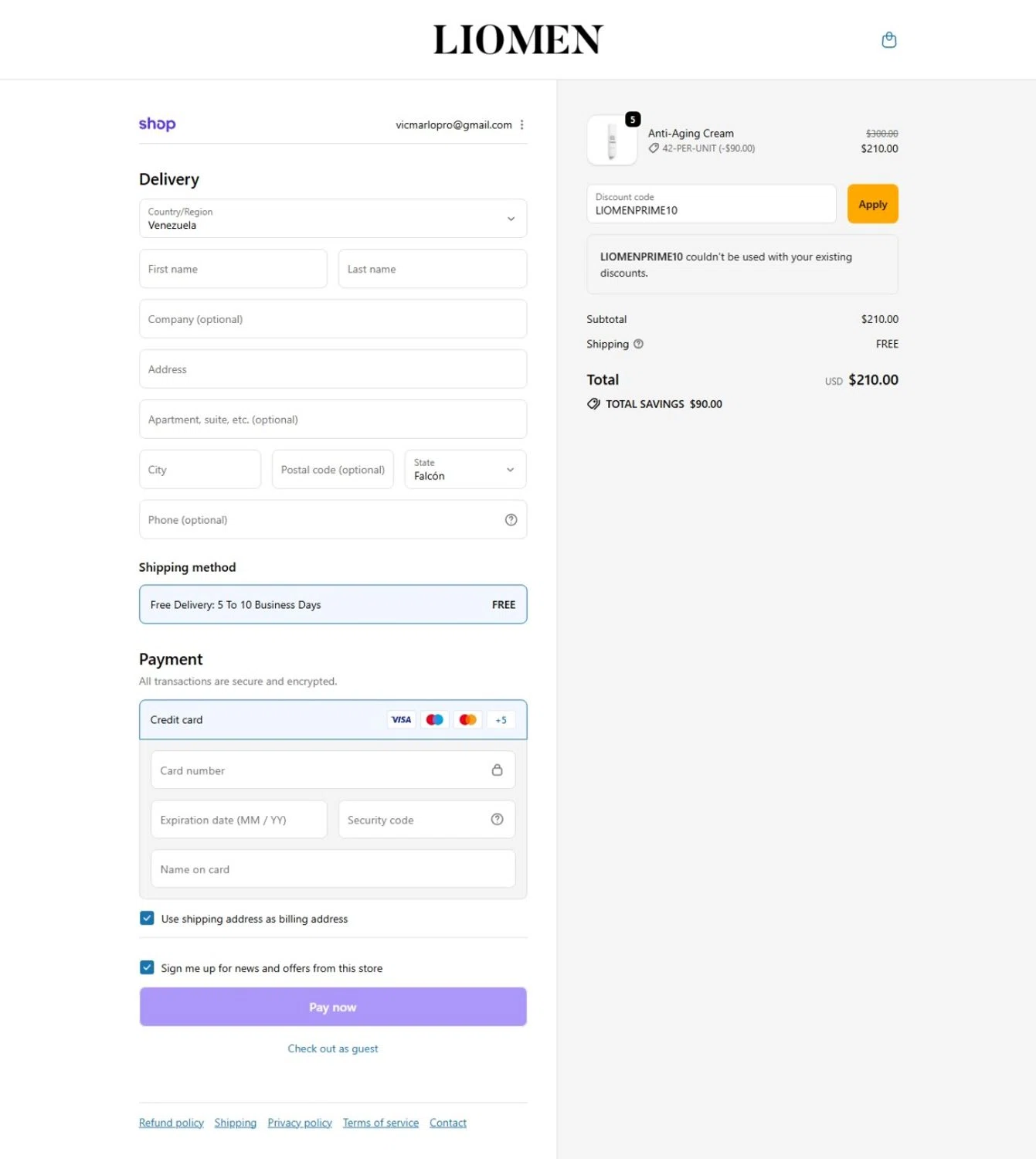 Liomen promo code screenshot showing code LIOMENPRIME10 applied at Liomen checkout page. Uploaded by SimplyCodes community member Maylinlr on Sep 20, 2025